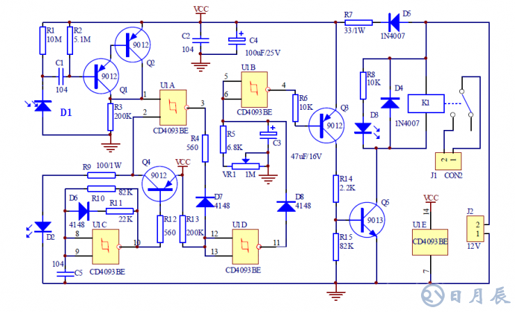 紅外接近開關(guān)電路 本例紅外接近開關(guān)電路是通過檢測發(fā)射的紅外線信號是否被發(fā)射來判斷前方是否有物體，從而控制繼電器的開關(guān)動作來控制其它電路（本例省略）。.png